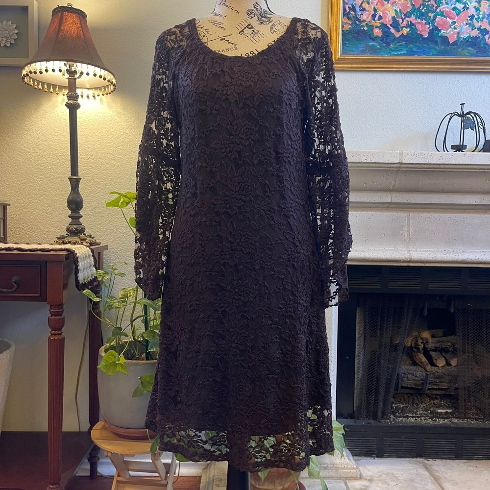 Vtg Jody California Women's Midi Dress M/L Brown Lace Bell Sleeve Scoop Neck